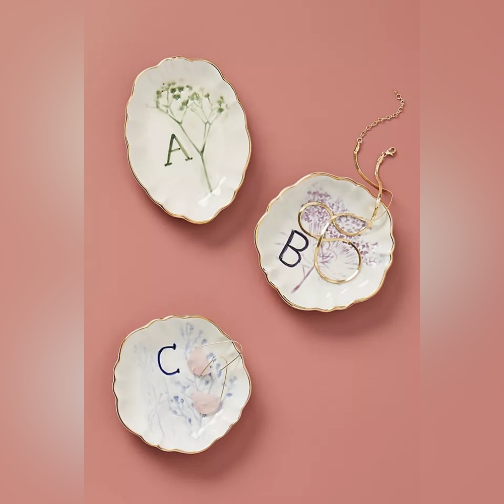 ANTHROPOLOGIE Botanical Monogram Trinket Dish Letter U